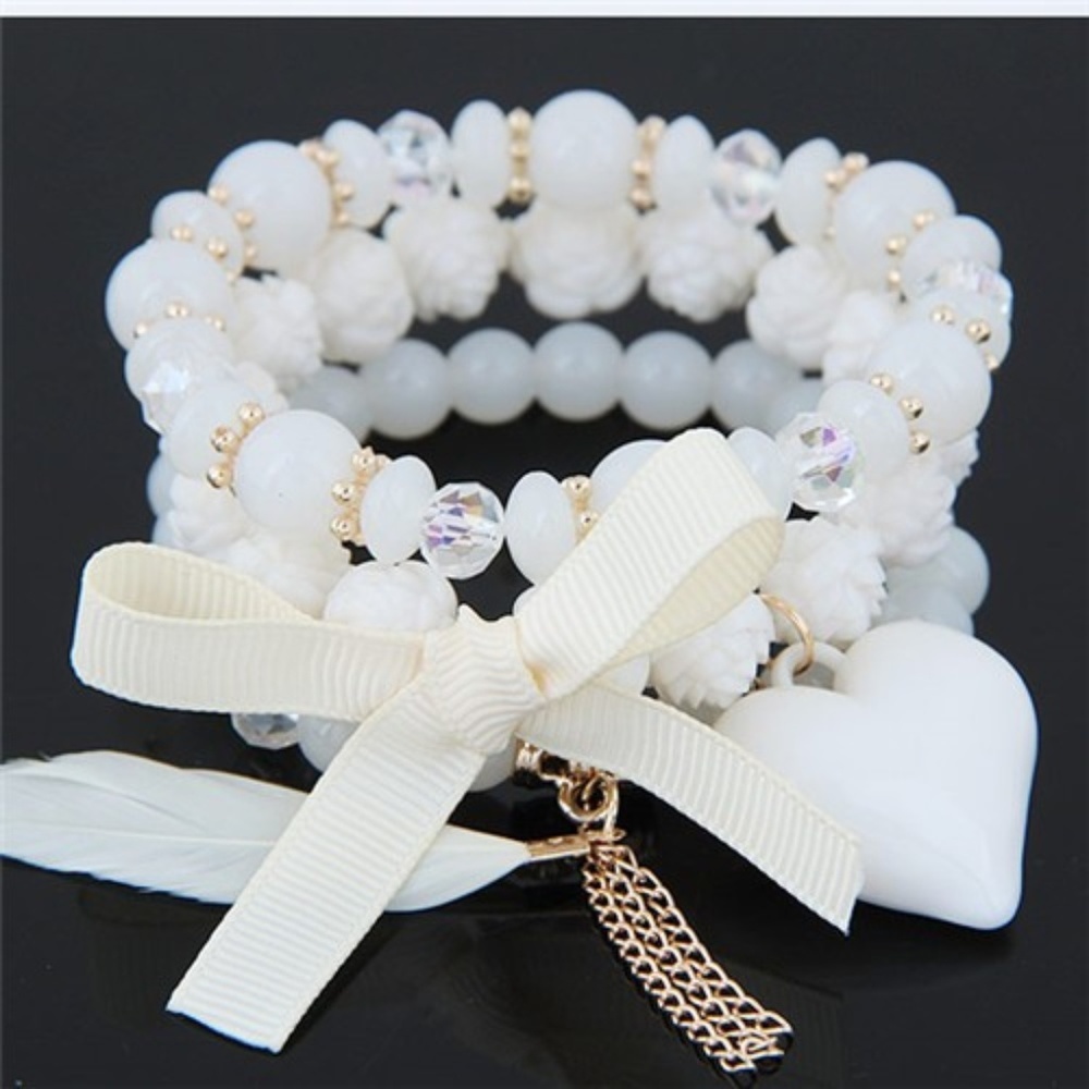 Heart Bowknot and Feather Pendants Bracelet